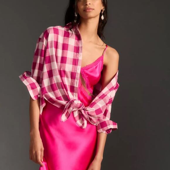 Antropologie MAEVE The Bennet Buttondown Shirt Buffalo Check Pink Combo Medium - Picture 4 of 12